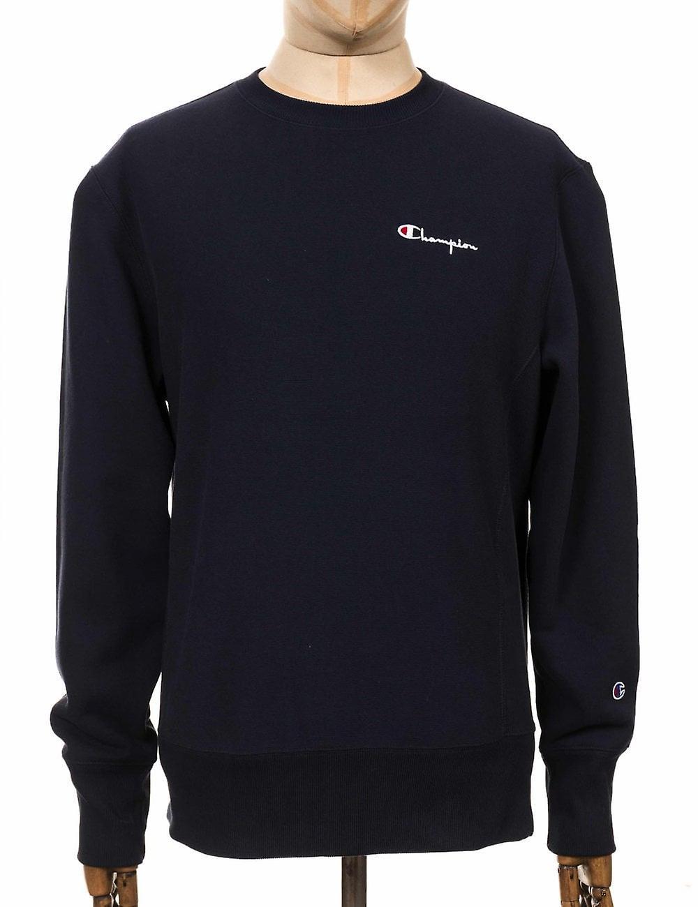 Men's Champion Reverse Weave Script Logo Crew Sweat - Nny Navy Medium