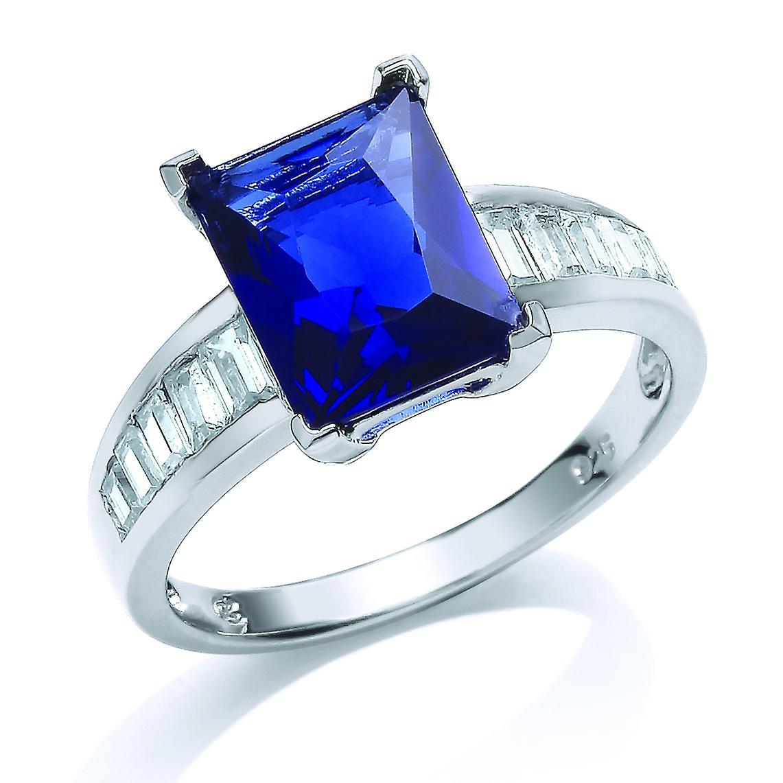 Jewelco London Sterling Silver Sapphire-Blue Emerald and Baguette Cut Cubic Zirconia Cluster Cocktail Ring N