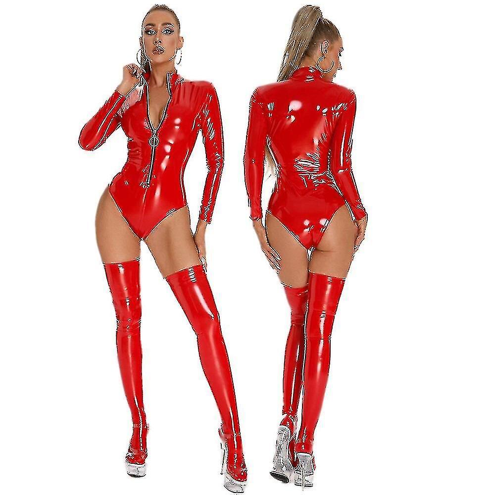 Hono Long Sleeve Front Zipper Catsuit Bodysuit - Sexy Wet Look Pvc Latex Clubwear Red XL