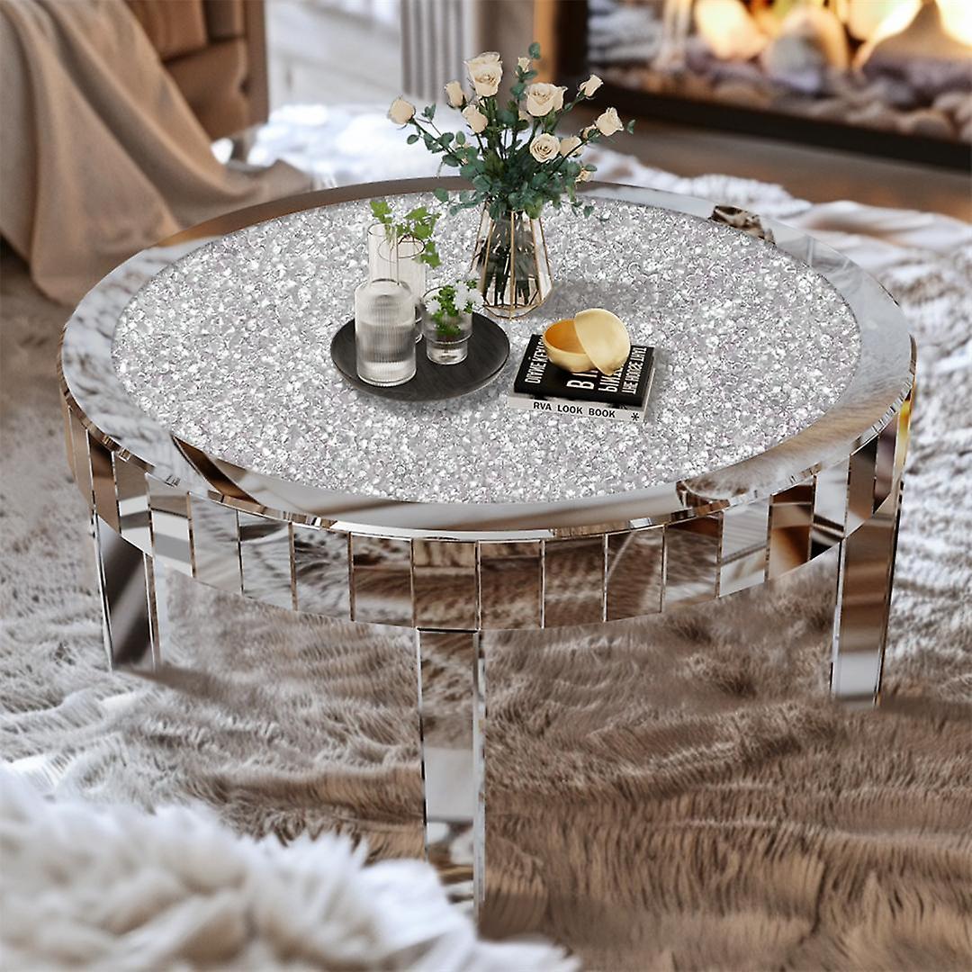 Unho FATIVO Large Round Mirrored Coffee Table Beveled Bling Crushed Diamond End Table Silver 80x80x46.5cm