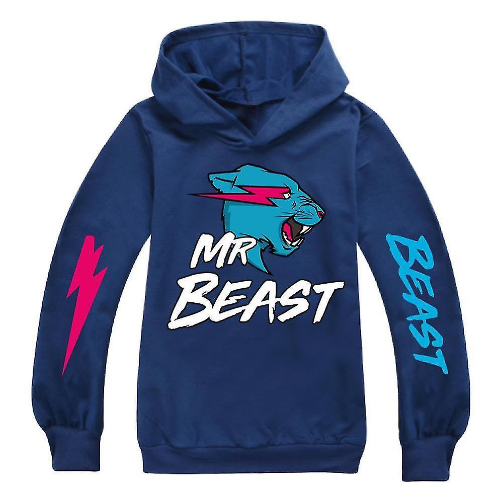 Shinestar 7-14 Years Kids Teens Boys Girls Mr Beast Lightning Cat Printed Hoodies Casual Hooded Sweatshirt Jumper Pullover Tops Gifts Navy Blue 7-8...