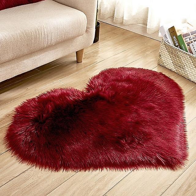 Slowmoose Heart Shaped Shaggy Carpet Wool Faux Fluffy Mats - Artificial Sheepskin Hairy red wine 30x40cm long velvet