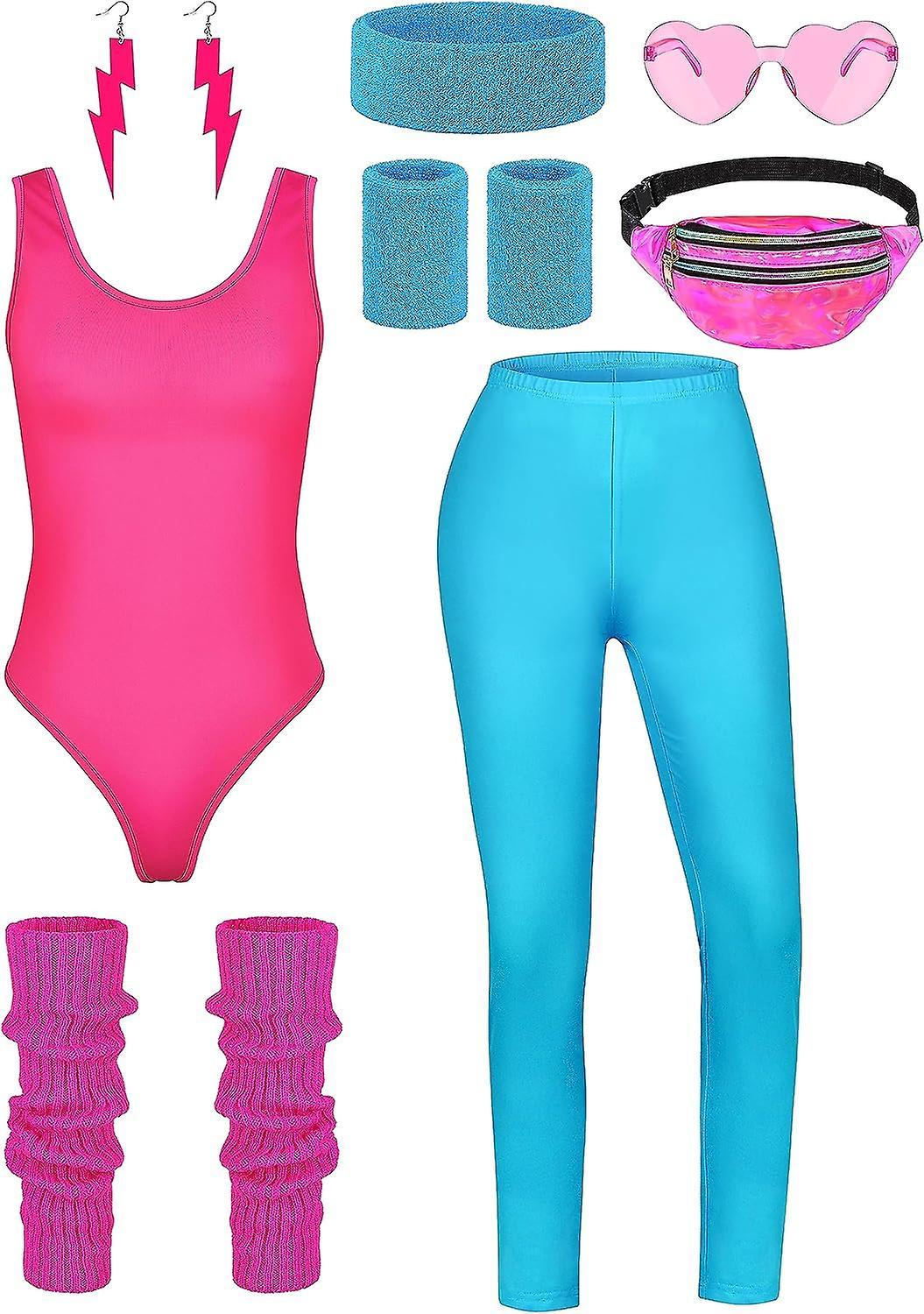 Maromalife 8 Pieces Women 80s Workout Costume Halloween 90s Outfit Accessories Set Leotard Bum Bag Glasses Headband Leg Warmers Fluorescent Blue 3X...