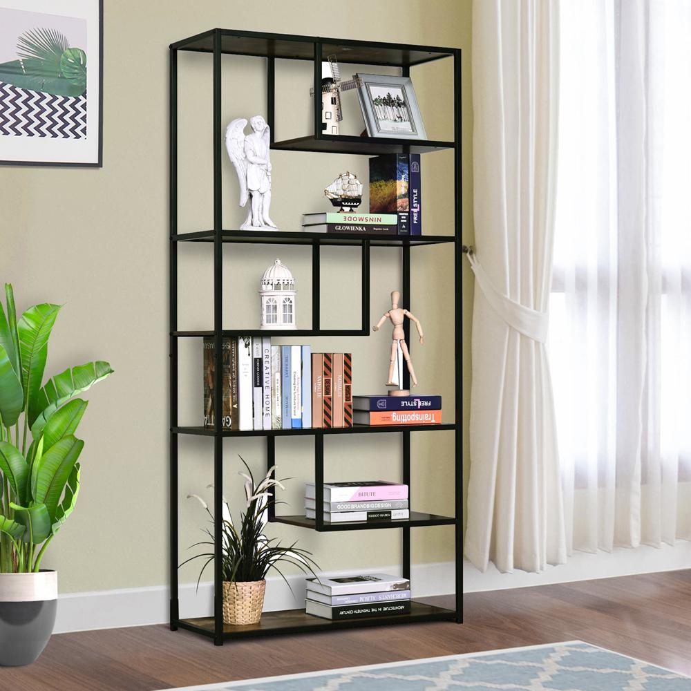 Wood Bookshelf Industrial Style Stand 6-Tier Living Room Display Rack