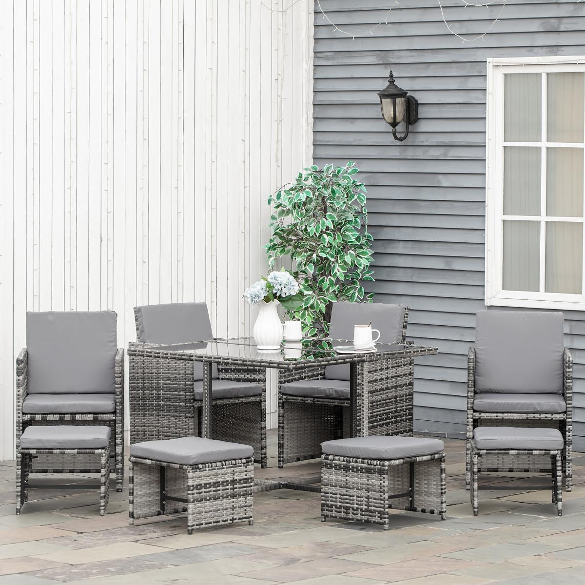 9PC Rattan Garden Furniture Outdoor Patio Dining Table Set With 8 Stools