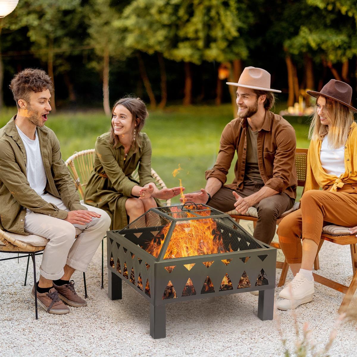 Outdoor Fire Pit with Screen and Poker, Backyard Wood Burner