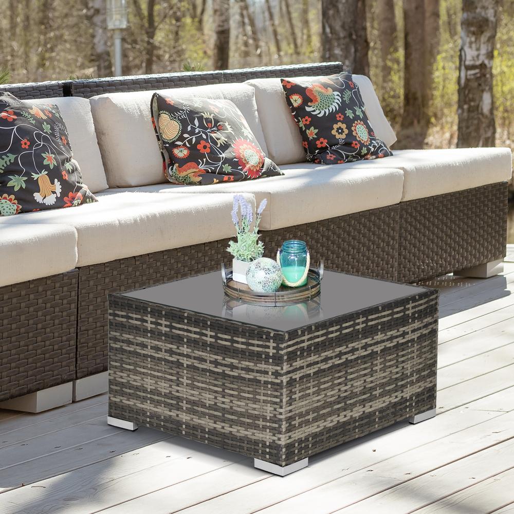 Patio Wicker Coffee Table with Glass Top Suitable for Garden Backyard