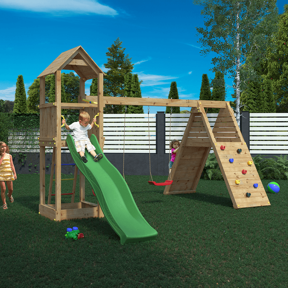 Double Swing & Slide Fleppi Wooden Climbing Frame