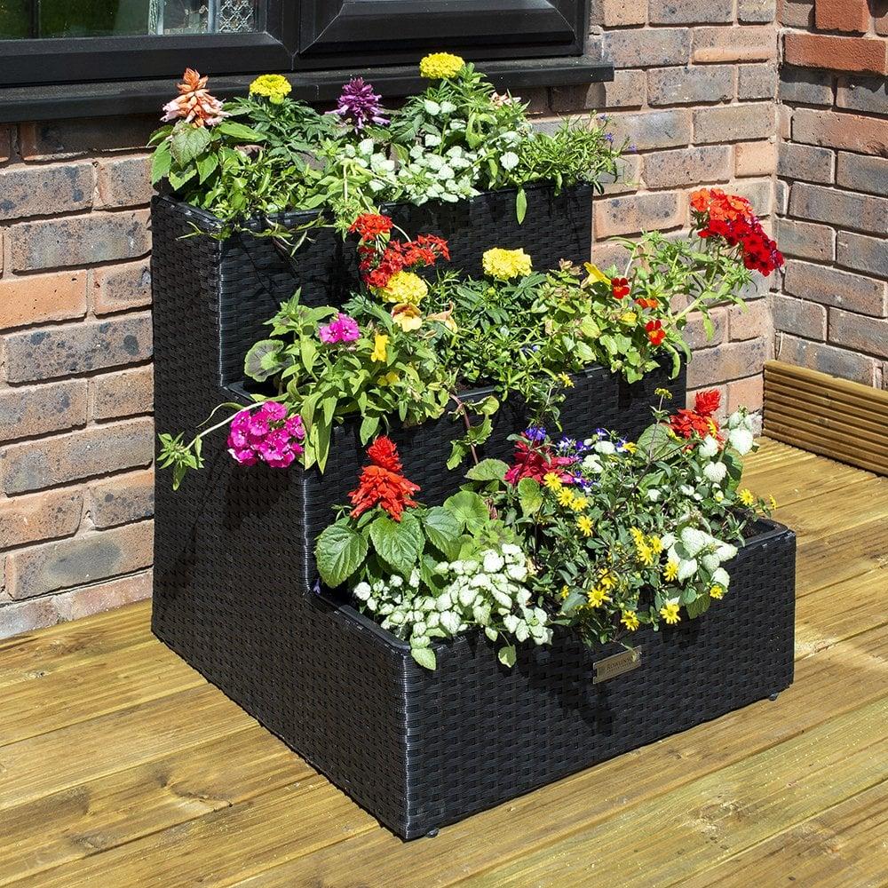 Wicker Rattan Planter 3 Tier Black