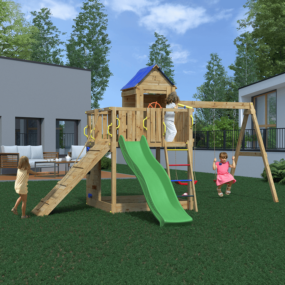 Double Swing & Slide Treehouse Wooden Climbing Frame