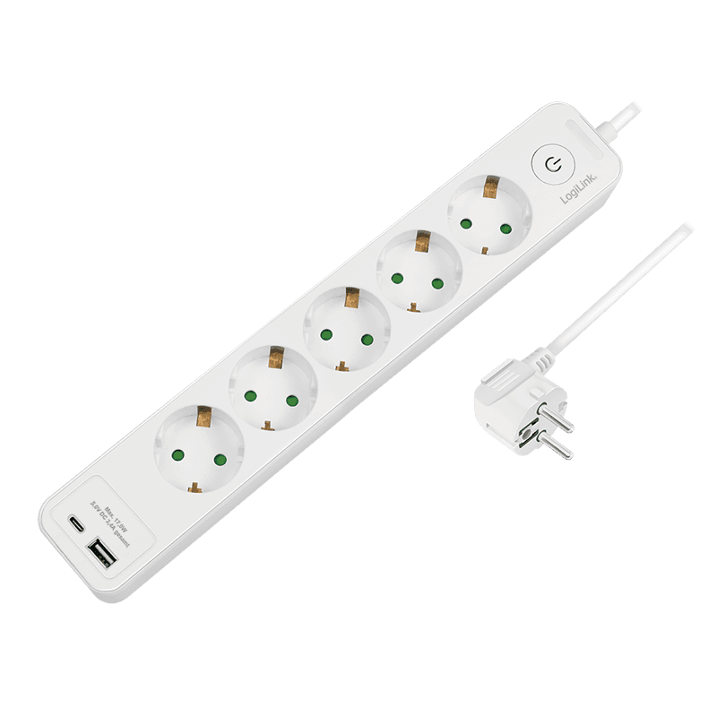 LogiLink Outlet Strip. 5 safety sockets. w/ 1x USB-A. 1x USB-C Port. w