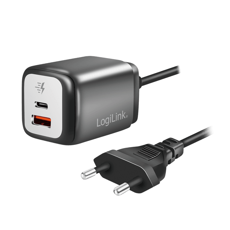 LogiLink USB Charger with fixed 1.5m cable. GaN. 2-Port. USB-AF &