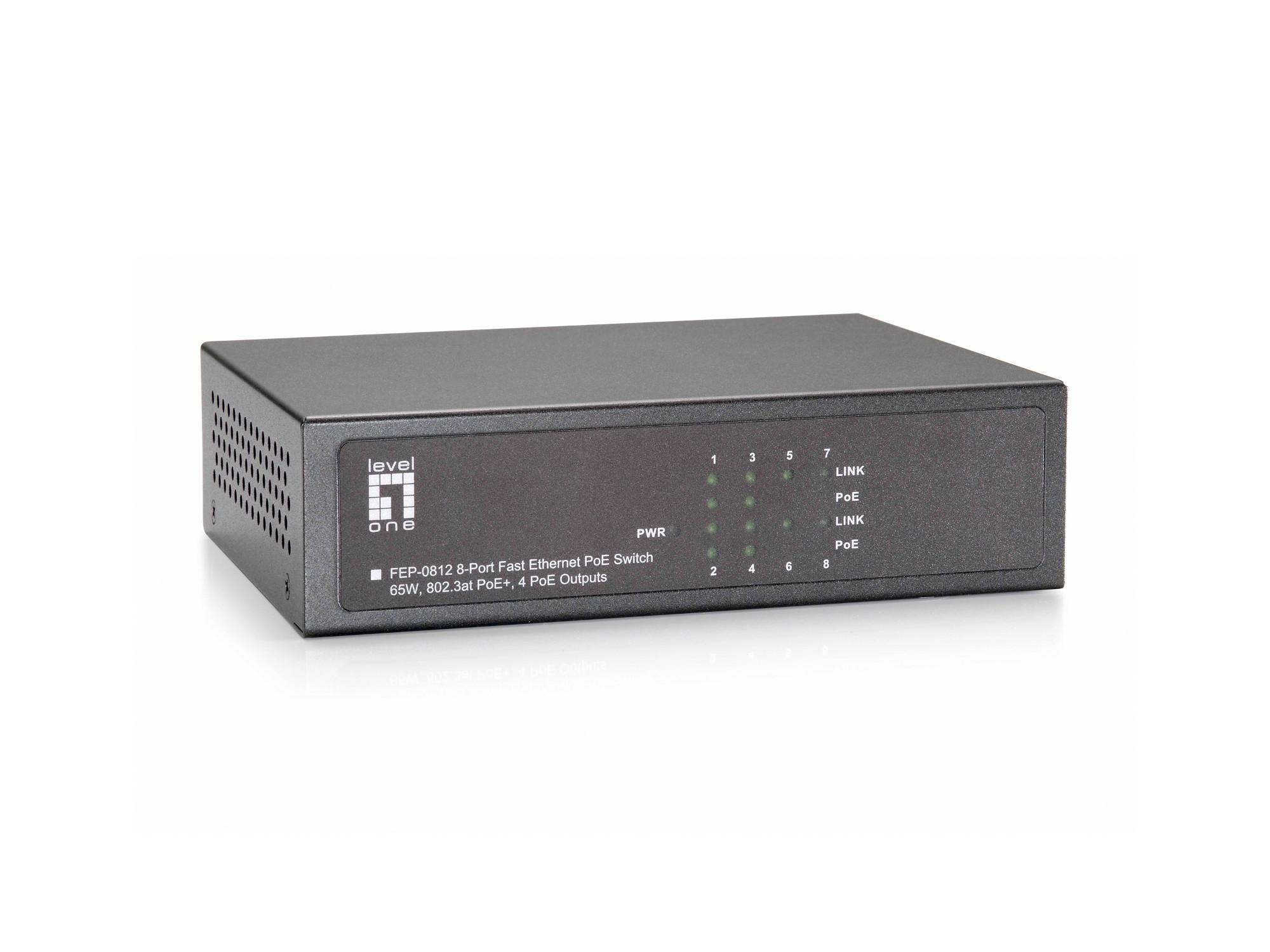 LevelOne 8-Port Fast Ethernet PoE Switch, 802.3at/af PoE, 4 PoE Output