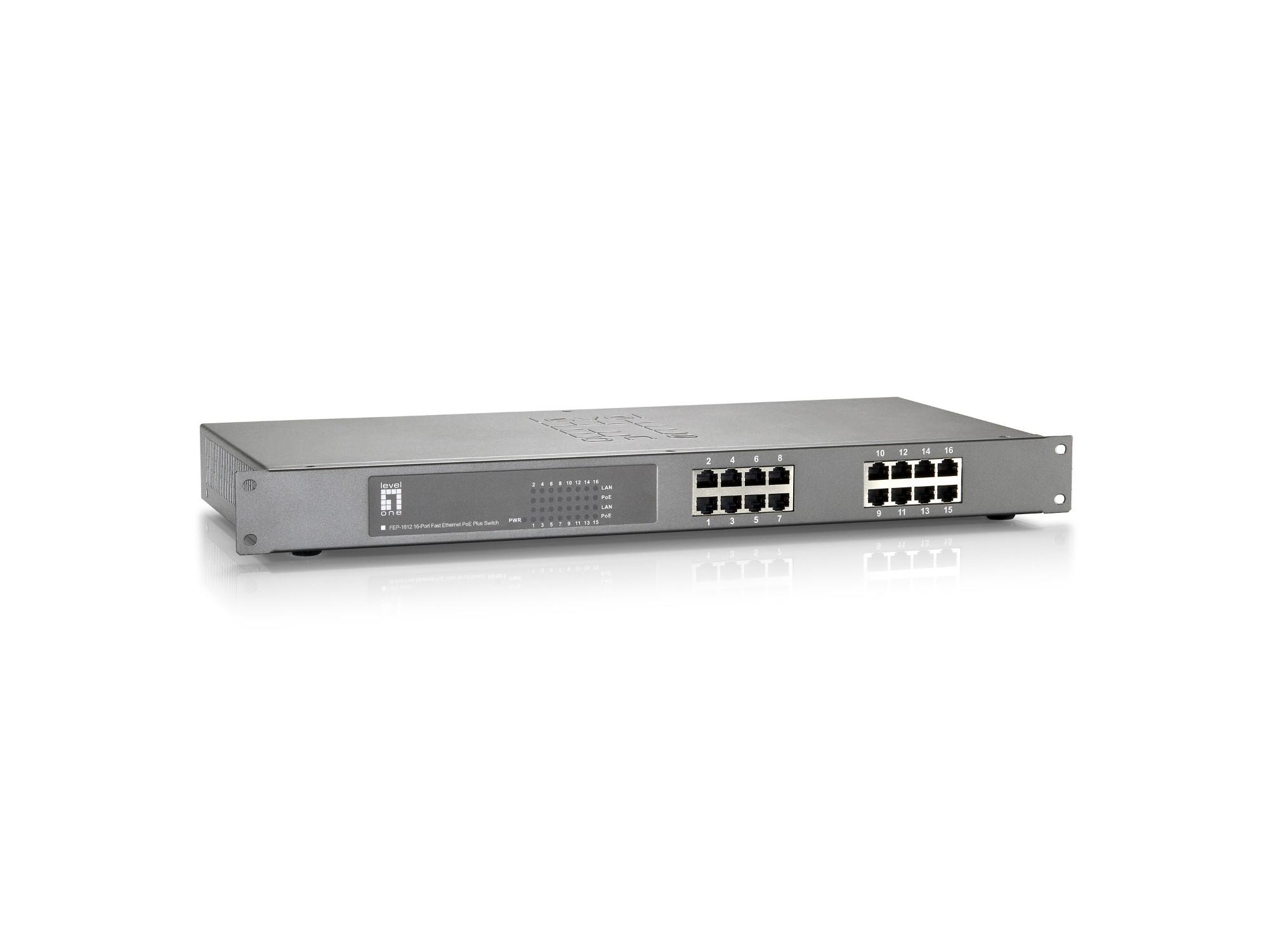 LevelOne 16-Port Fast Ethernet PoE Switch. 802.3at/af PoE. 500W