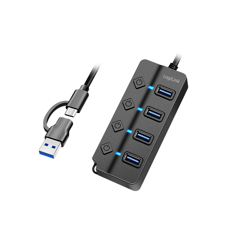 LogiLink USB 3.0 Hub. 4-port. w/ switch for each port. black