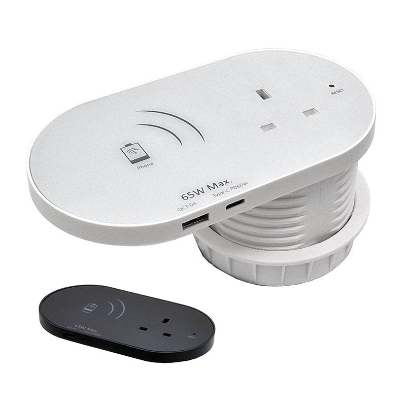 POWERDATA COMBO WHITE 80MM - USB A QC & C 65W PD USB - WIRELESS