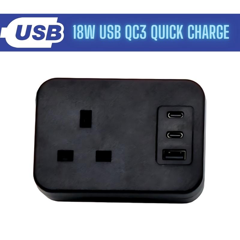 POWERDATA BLACK DESKTOP 1X POWER - DUAL USB C + A CHARGER -18W