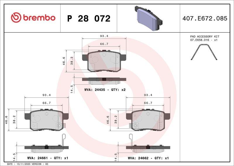 Brake pad set, disc brake P 28 072X Brembo