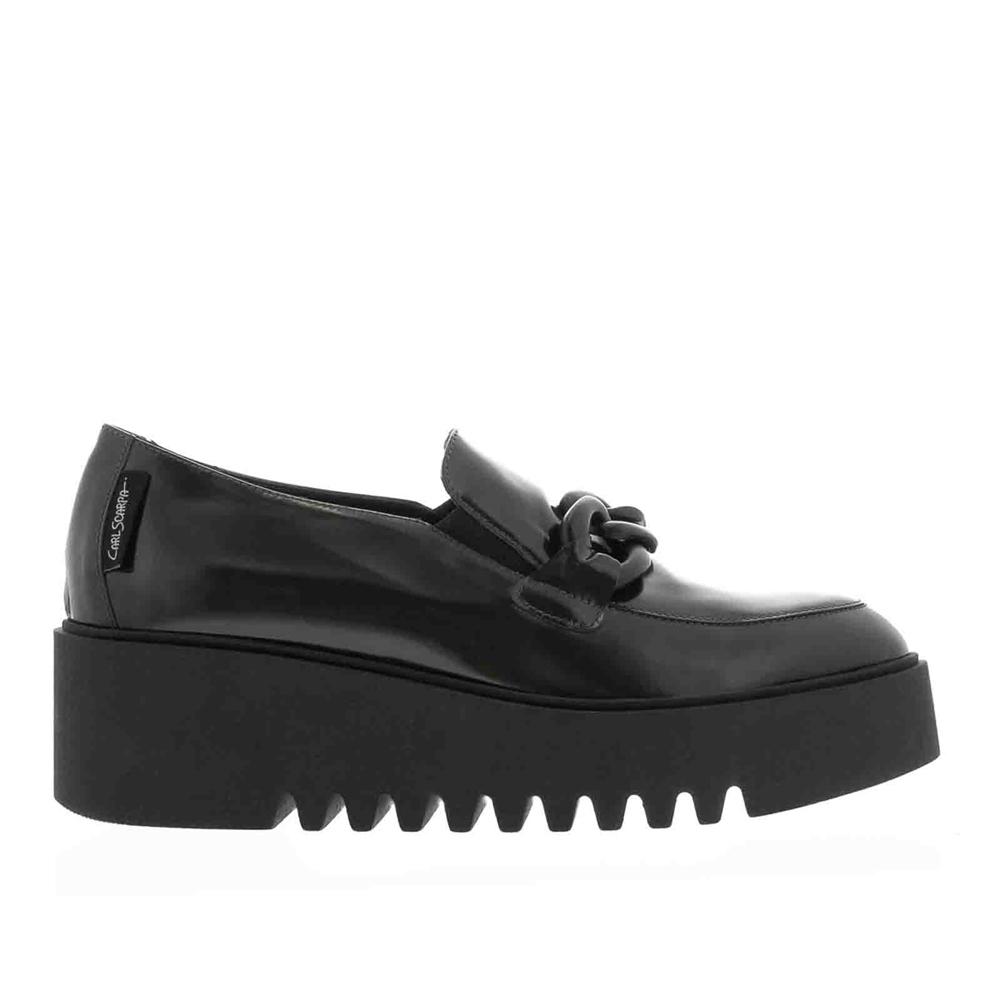 Carl Scarpa Lizi Black Leather Chain Wedge Loafers