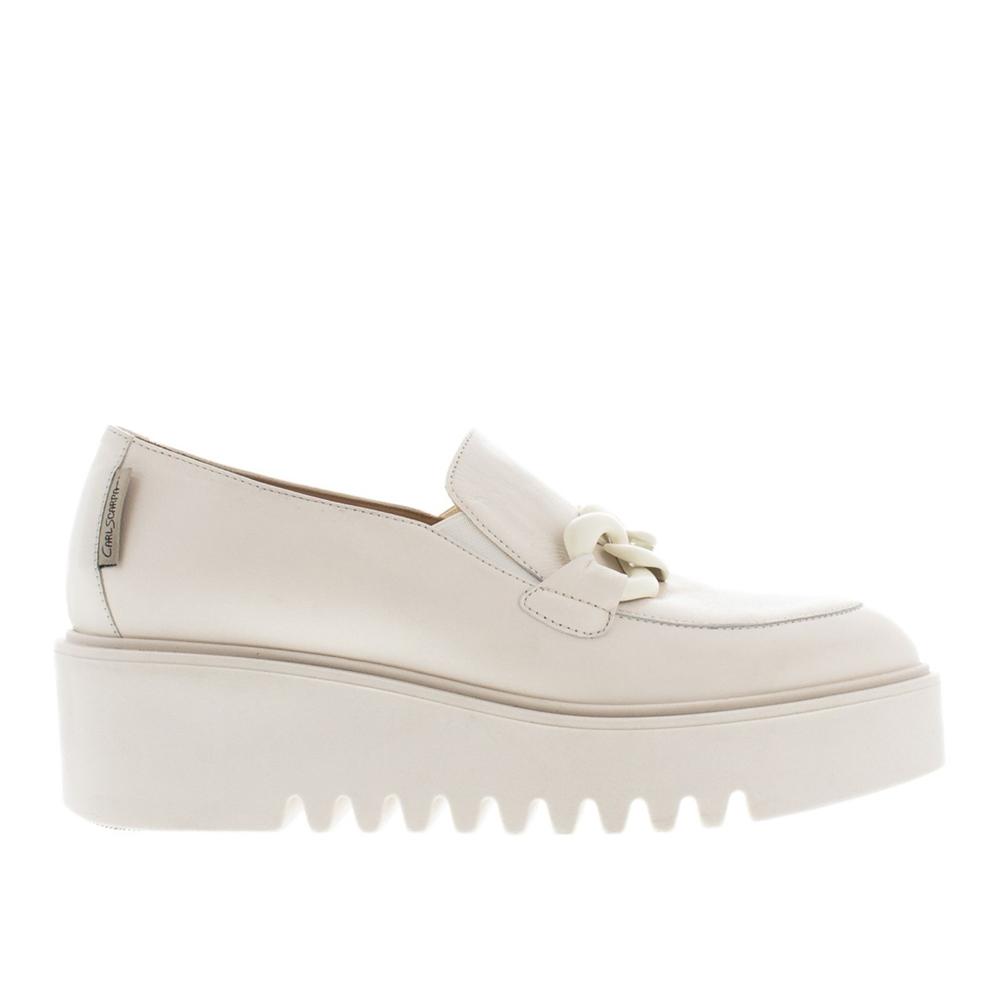 Carl Scarpa Lizi Italian Off White Chain Wedge Loafers