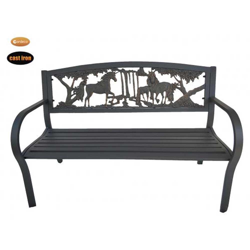 Steel framed cast iron bench with unicorns