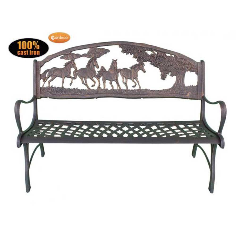 100% cast iron bench with horses and tree