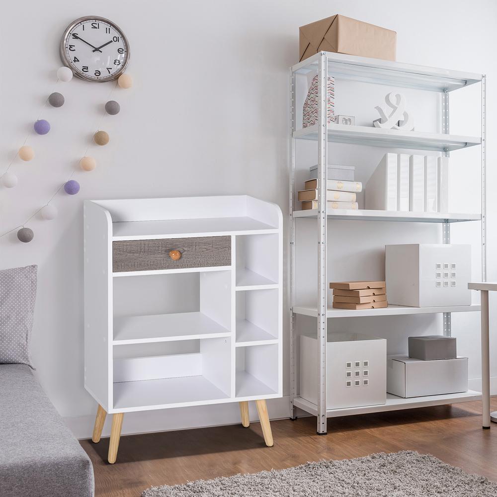 Multi-Shelf Bookcase With 7-Compartment Wood Legs White