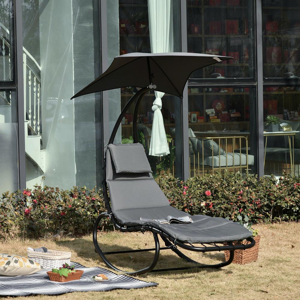 Patio Rocking Chaise Lounge Rocking Bed with Canopy Cushion Headrest