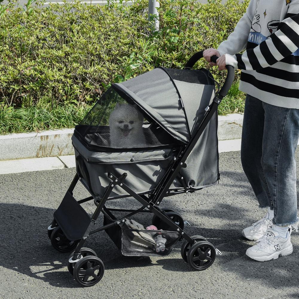 Pet Stroller Dog Cat Travel Pushchair Foldable Jogger with Reversible Handle EVA Wheel Brake Basket Adjustable Canopy Safety Leash for Small Dogs