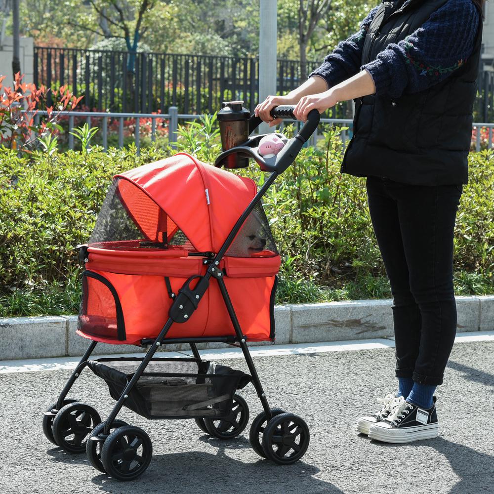 Pet Stroller Foldable Carriage With Brake Basket Canopy Red