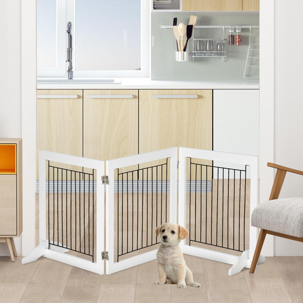 Foldable Dog Gate Freestanding Wooden Pet Barrier with 3 Panels