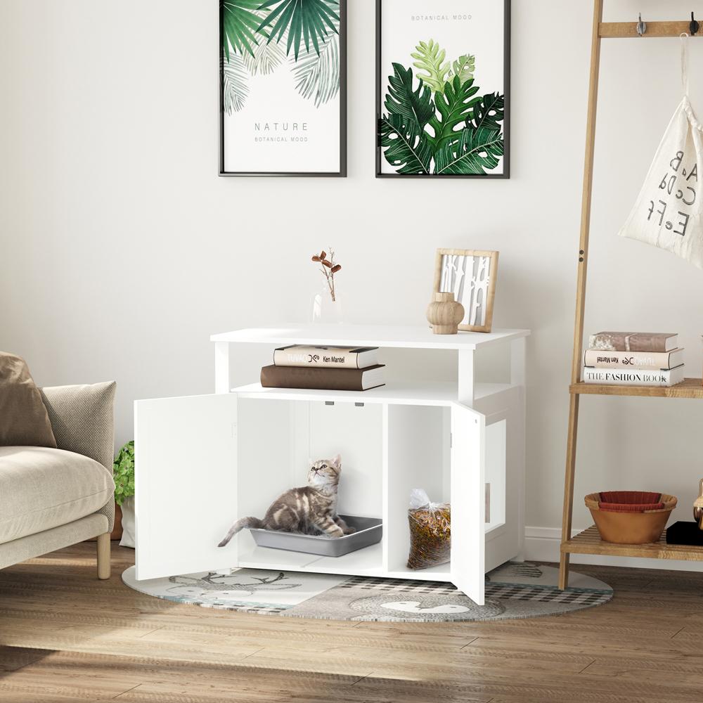 Cat Enclosure Litter Box Side Table with Magnetic Door White