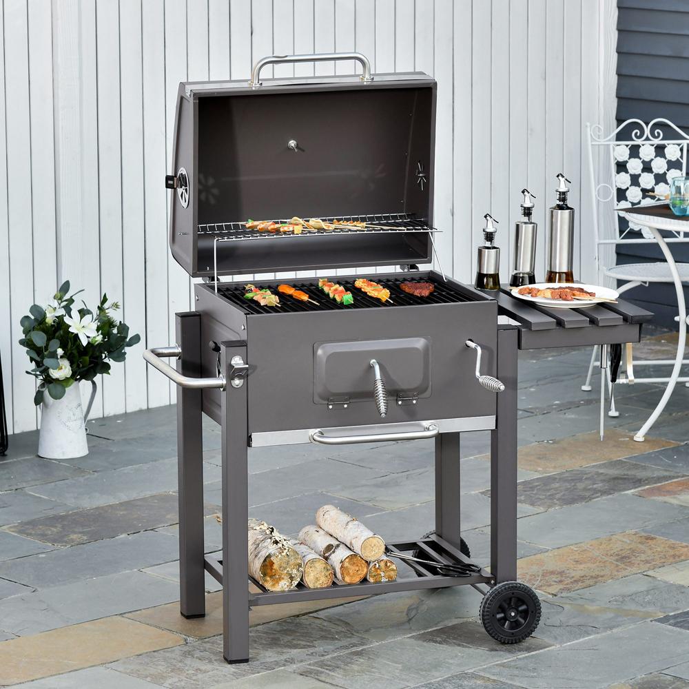 Charcoal Grill BBQ Trolley Wheels Shelf Side Thermometer Steel Black