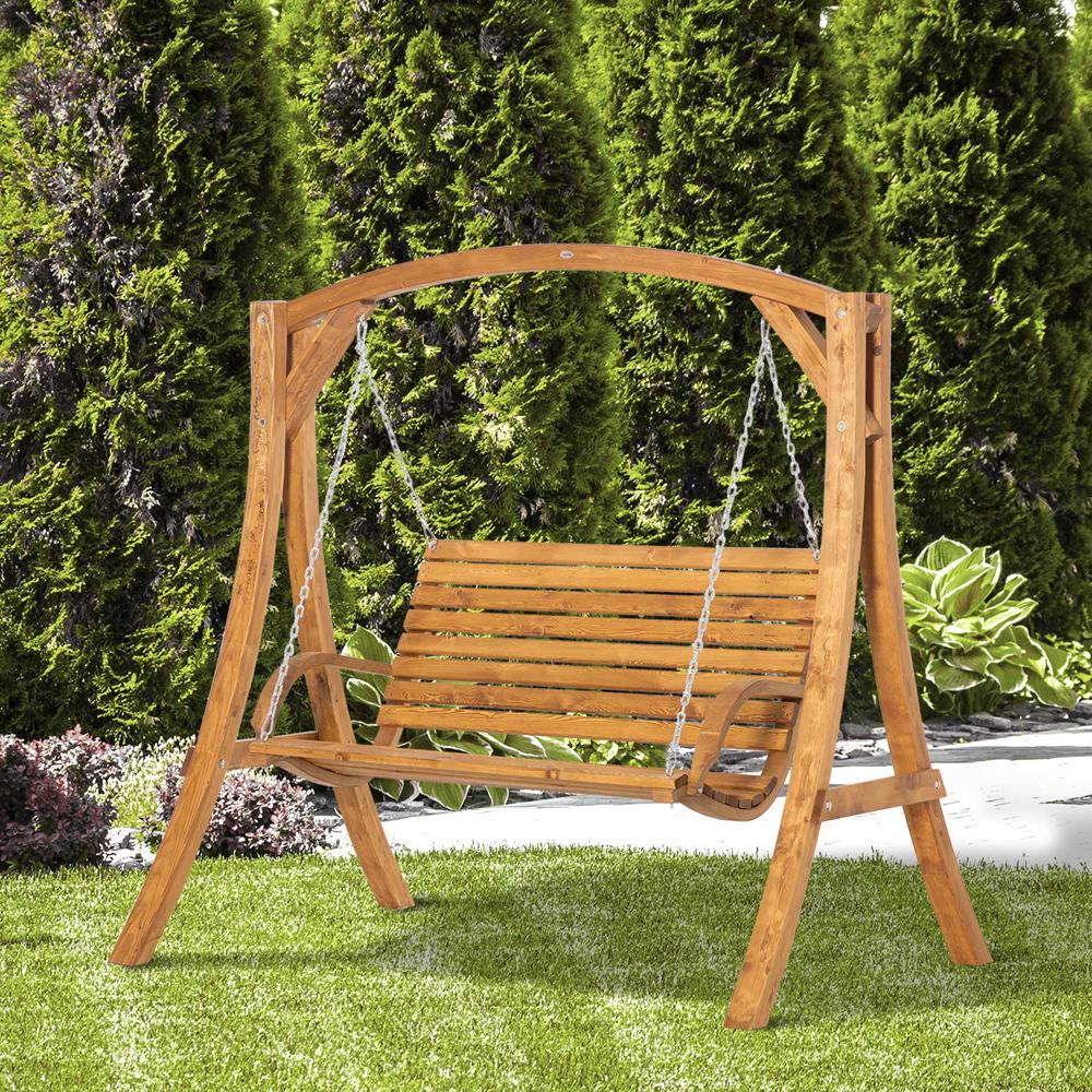 2 Seater Garden Swing Chair, Outdoor Wooden Swing Bench Lounger