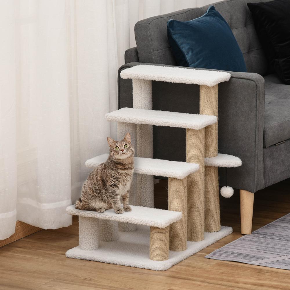 Pet Stair With 4-step Climb Ladder Scratching Posts White