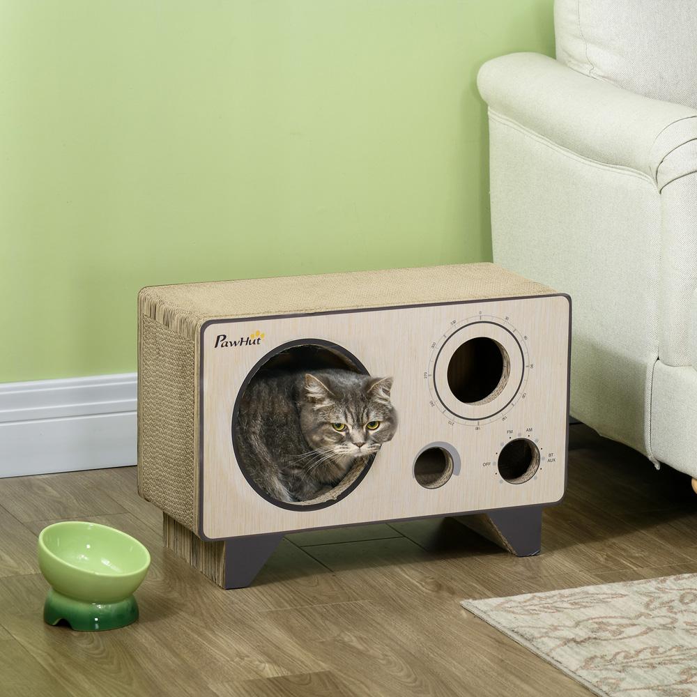 Radio Shape Cat Scratching Board With Catnip Natural Wood Finish