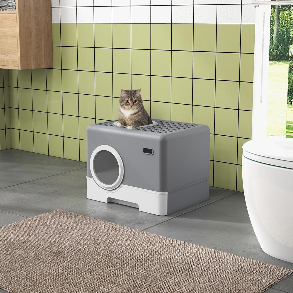 Cat Litter Box with Lid Front Entry Top Exit Scoop Grey