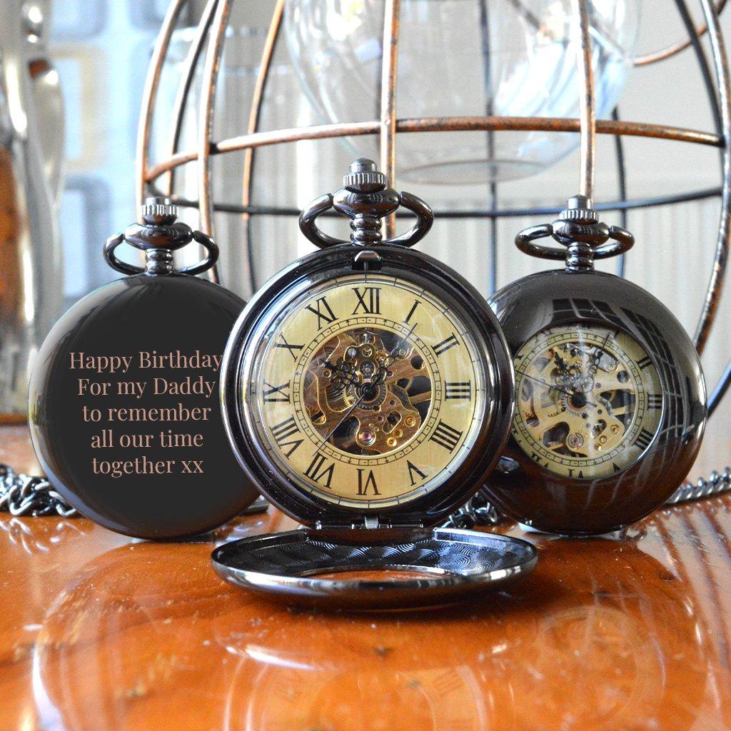 Engraved Black Skeleton Pocket Watch With Windowed Lid