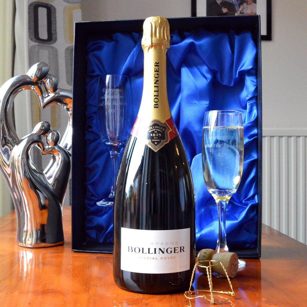 Bollinger Champagne Gift Set with Engraved Flutes in Blue Box