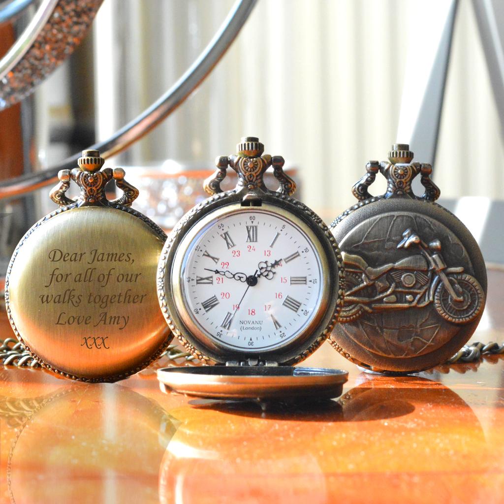 Personalised Bronze Pocket Watch With Motorbike Design