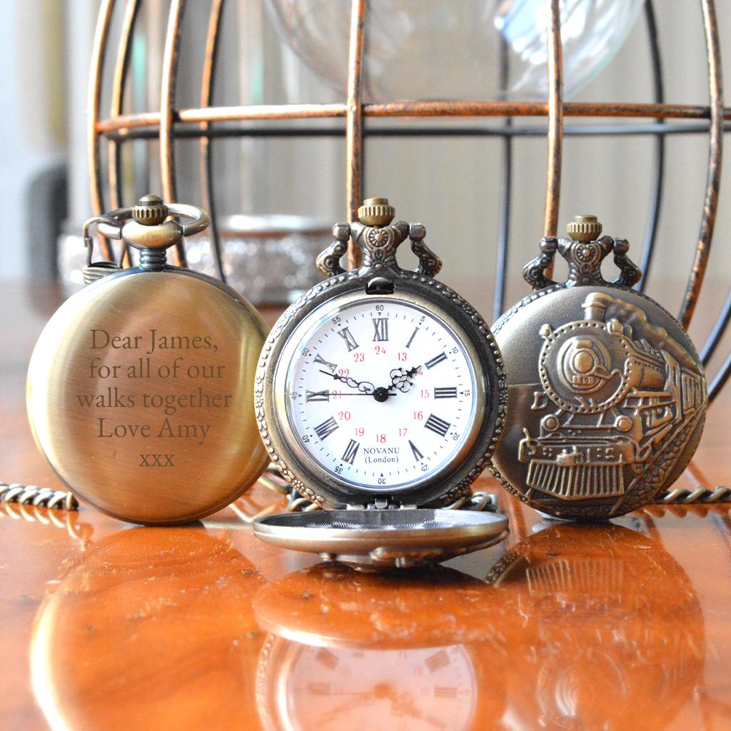 Engraved Bronze Pocket Watch Steam Train Design