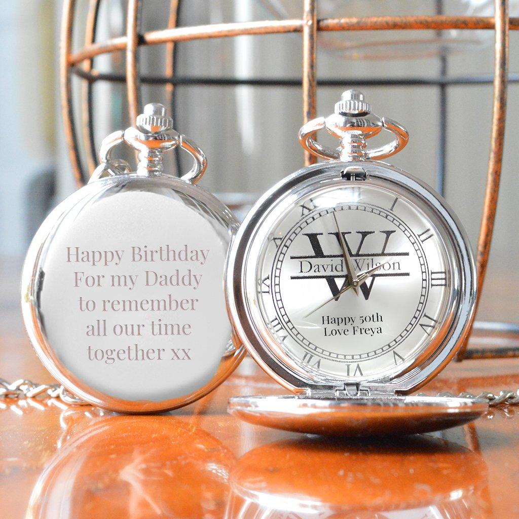 Personalised 50th Silver Pocket Watch with Monogrammed Dial