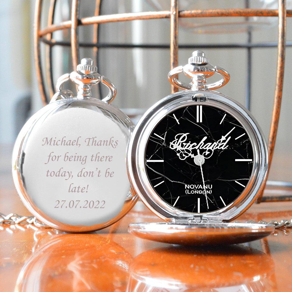 Personalised Pocket Watch With Black Marble Design