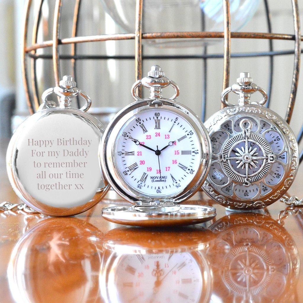 Personalised Silver Pocket Watch Compass Design