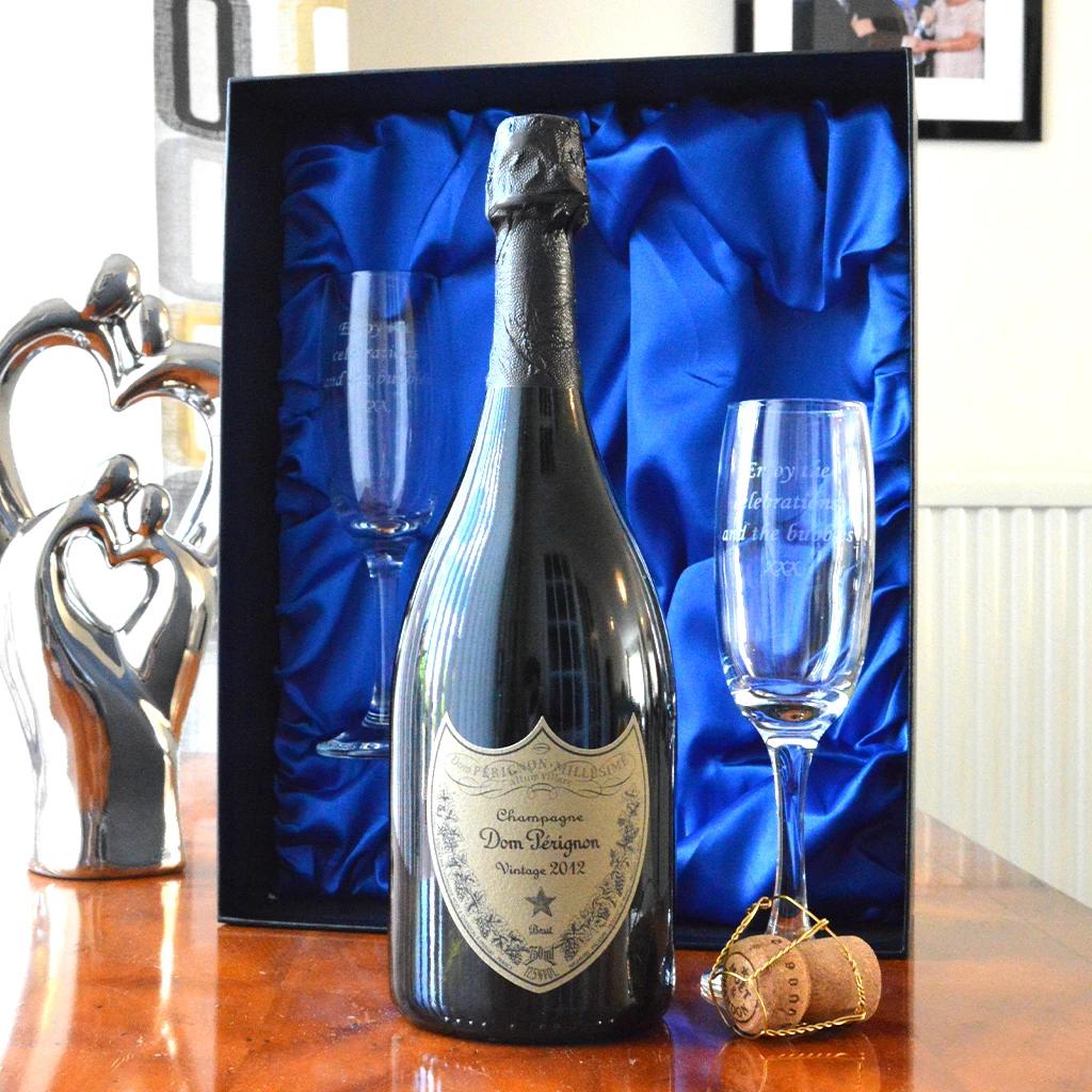 Dom Perignon Champagne with Engraved Flutes in Presentation Box