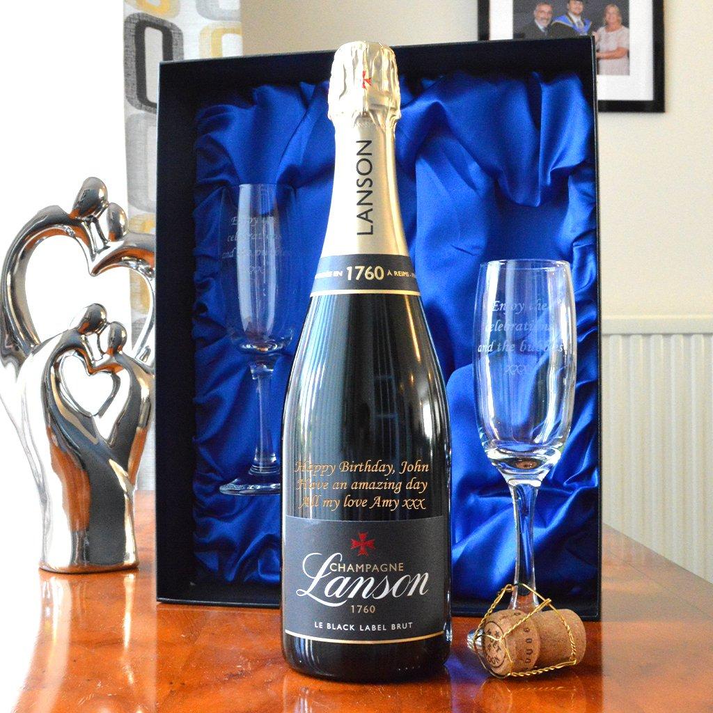 Engraved Lanson Champagne Gift Set with Engraved Champagne Flutes