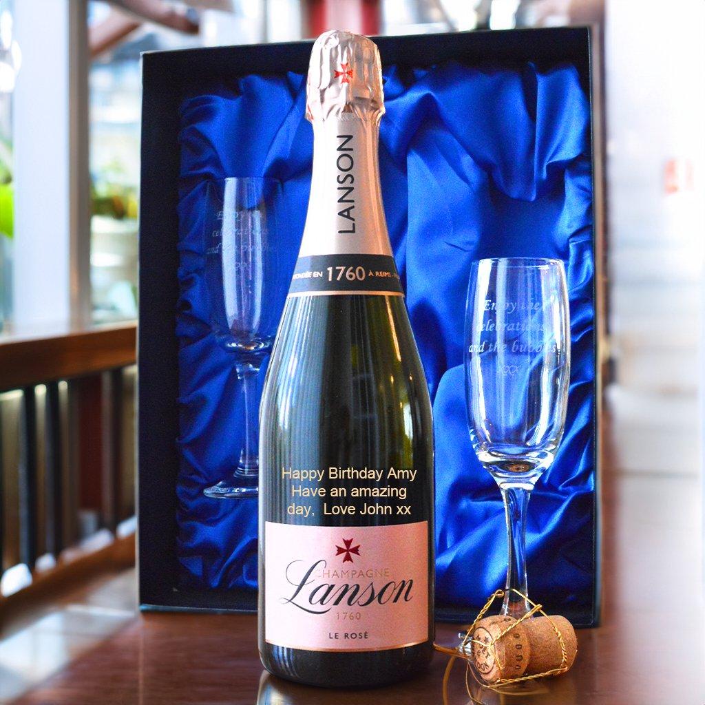 Lanson Rose Champagne Gift Set with Engraved Flutes in Blue Box