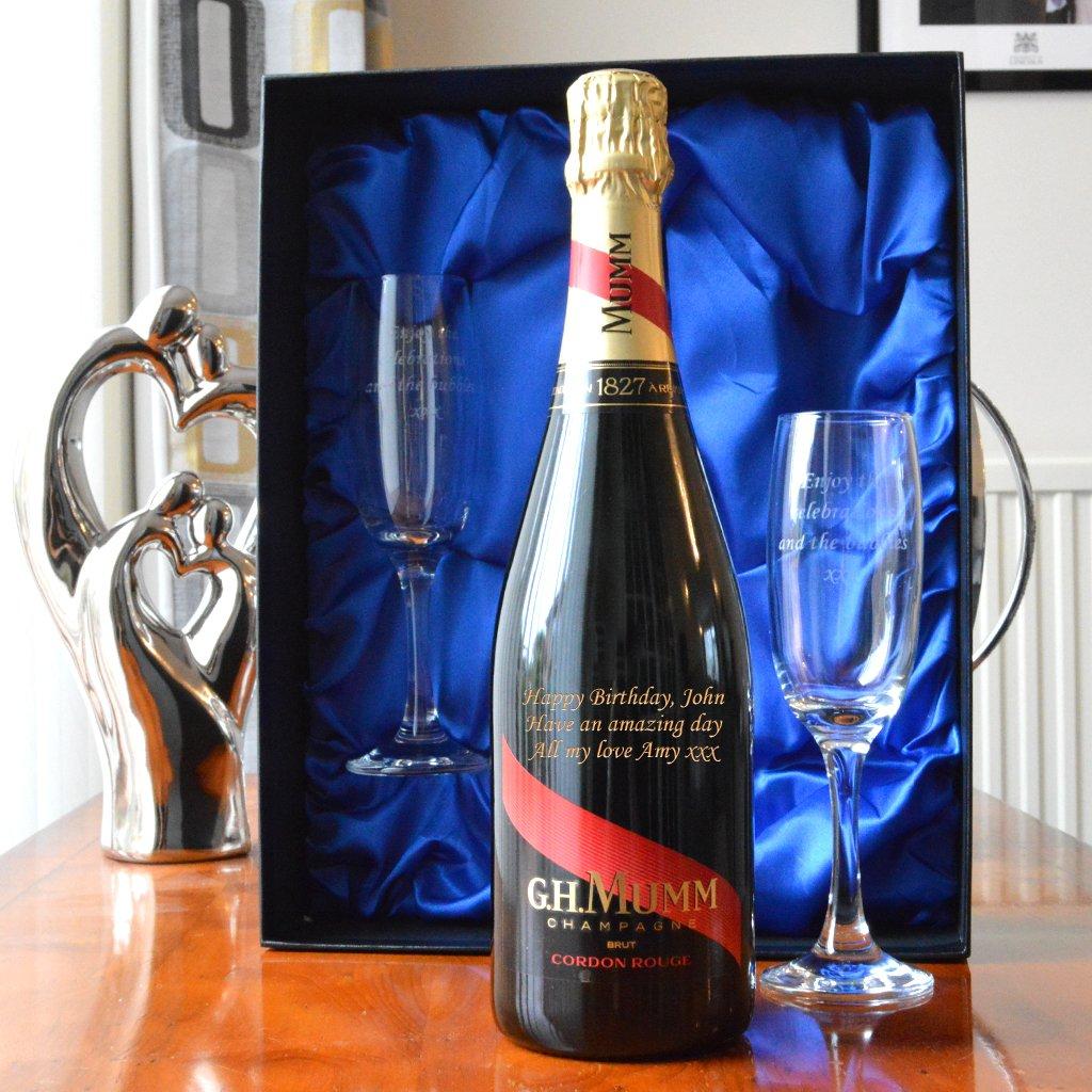 Engraved Mumm Champagne Gift Set with Champagne Flutes