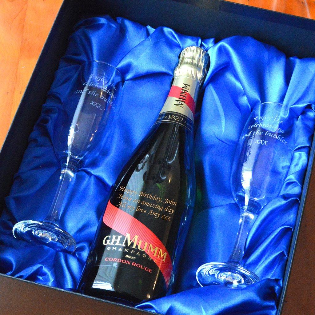 Engraved Mumm Champagne Gift Set with Engraved Champagne Flutes