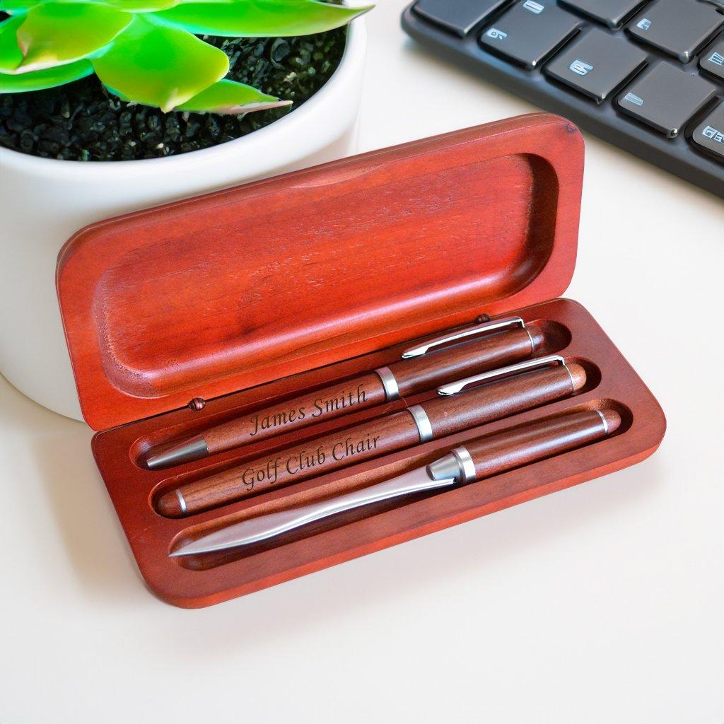 Personalised Wooden Pens Gift Set In Engraved Wooden Gift Box